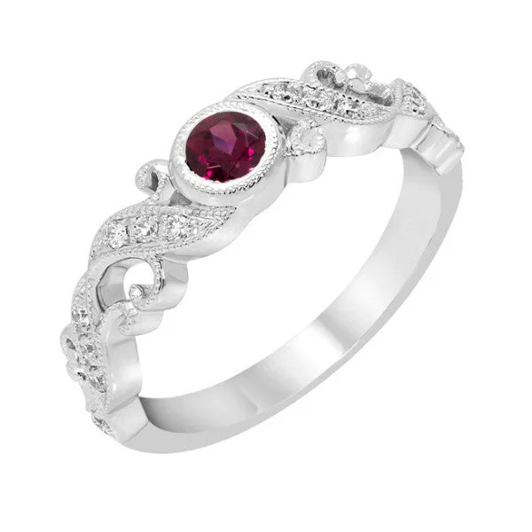 Ladies Rings with Teal Cavansite-14k White Gold Ruby Bezel and Diamond Filigree Ring