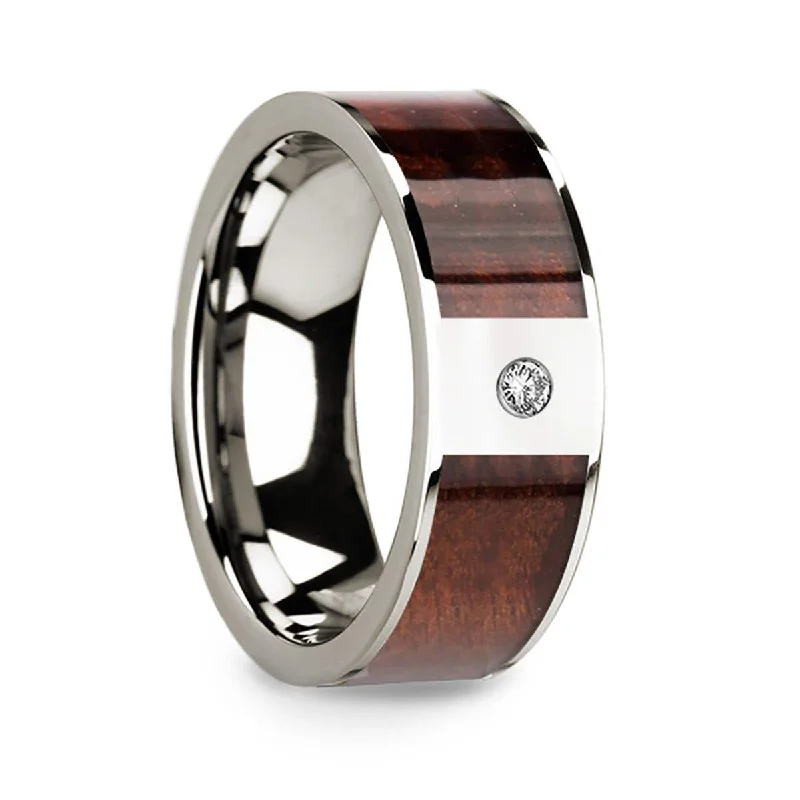 Ladies Engagement Rings with Herderite Glow-Thorsten Redwood Inlay 14k White Gold Wedding Ring with Diamond Center - 8mm