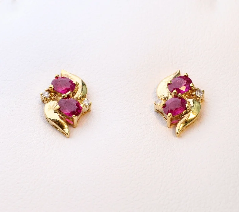 Ladies Earrings for Science Spark-14K yellow gold post earrings with Rubies and Diamonds