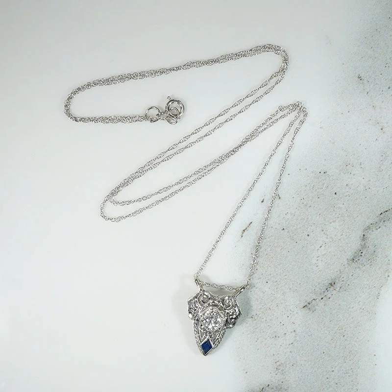 Fairy glow necklaces -Fanciful Filigree Diamond & Sapphire in White Gold Necklace