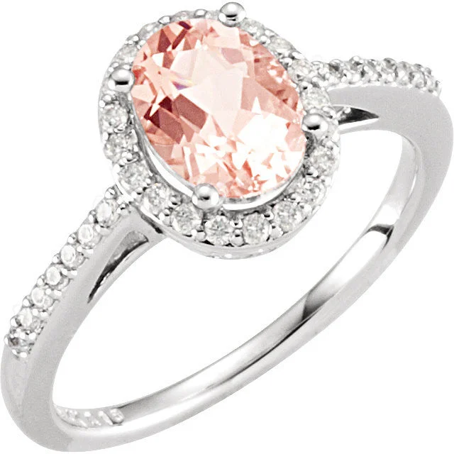 Ladies Rings with Bead Glow-14k White Gold Oval Morganite & 1/5 CTW Diamond Halo Ring