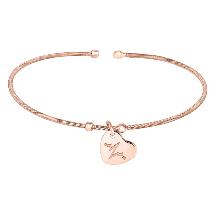 Ladies bar dangle bracelets -Rose Gold Finish Sterling Silver Cable Cuff Bracelet with a Dangling Polished Heart Charm with a Heartbeat Design.