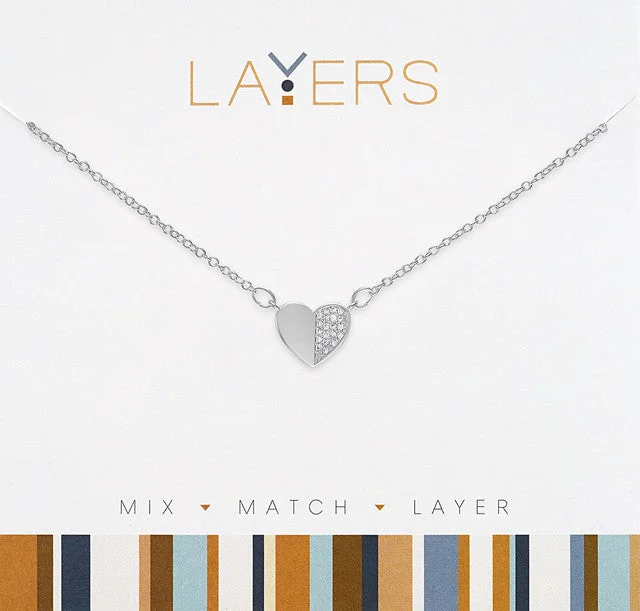 Halo charm necklaces -Silver Half CZ Heart Layers Necklace