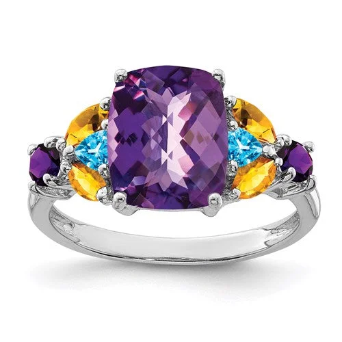 Ladies Rings with Gold Sphalerite-Sterling Silver Cushion Amethyst, Blue Topaz And Citrine Ring