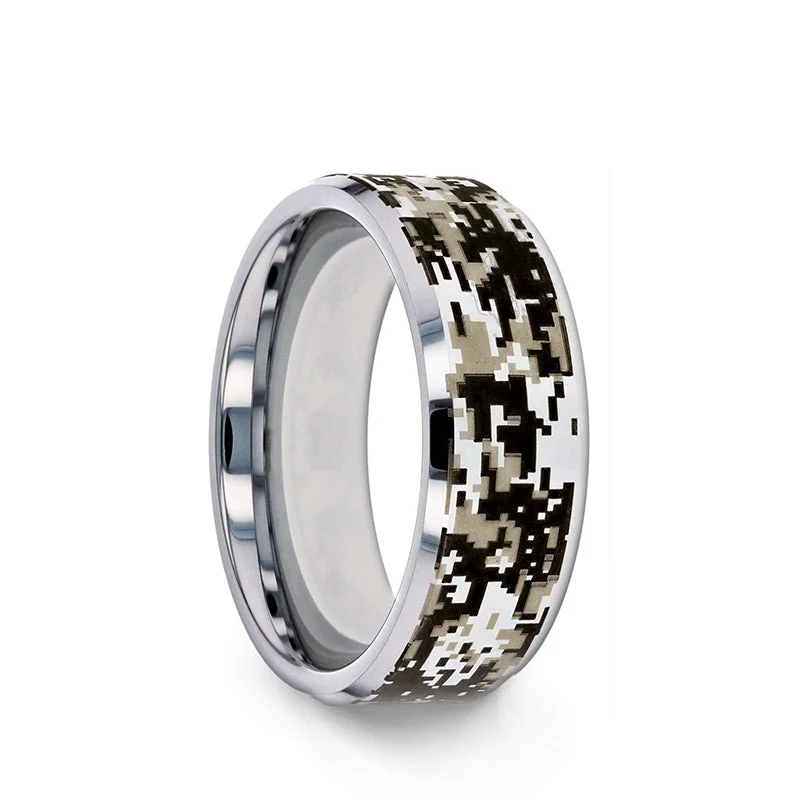 Ladies Engagement Rings with Quartz Shine-Thorsten STEALTH Tungsten Carbide Wedding Ring with Engraved Digital Camouflage