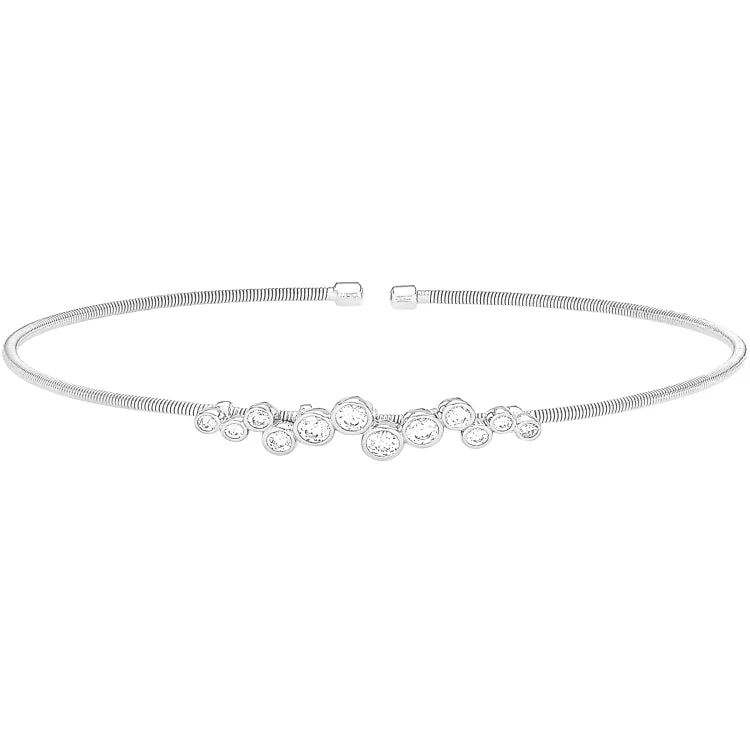 Ladies inspiring gleam bracelets -Rhodium Finish Sterling Silver Cable Cuff Bracelet with Bubble Pattern Simulated Diamonds