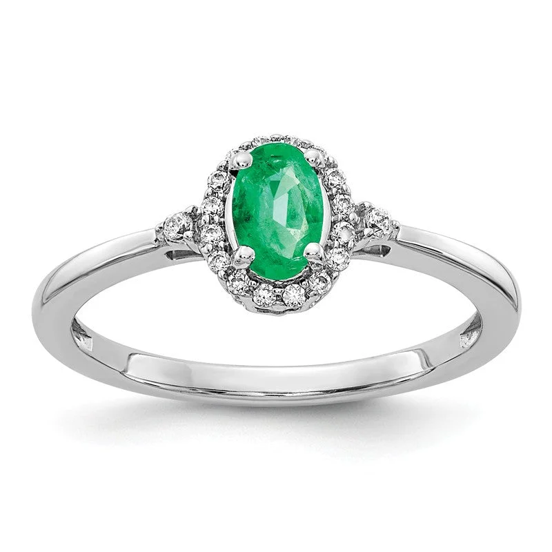 Ladies Rings Wide Spark-14k White Gold Oval Genuine Emerald And Diamond Halo Ring