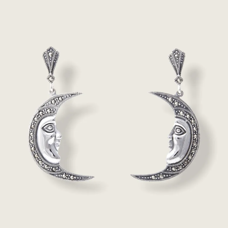 Ladies Earrings with White Leucite-Moon Face Earrings Silver Marcasite Large