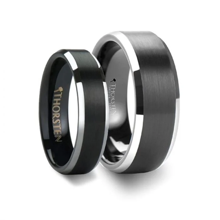 Ladies Rings Thin Glow-Thorsten ASTON Black Brushed Center Tungsten Ring with Polished Beveled Edges - 4mm - 10mm