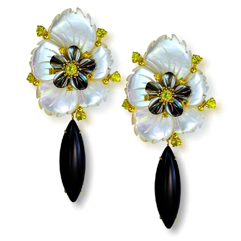 Ladies Earrings with Clear Zircon-Blossom Convertible Earrings with Carved Mother Of Pearl & Onyx