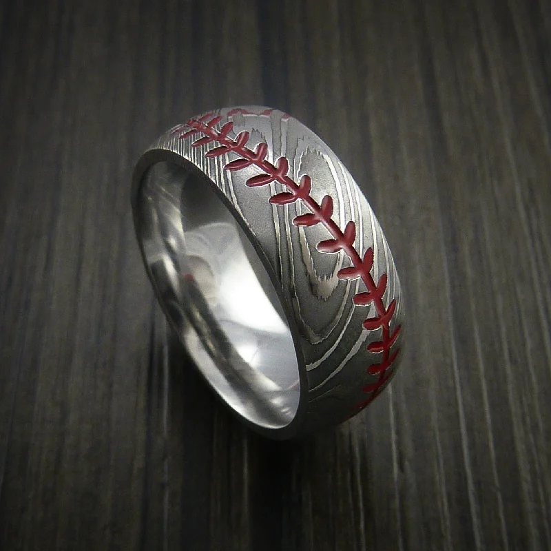 Ladies Rings Slim Glow-Damascus Steel Baseball Ring with Dull Polish Finish