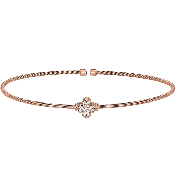 Ladies gritty punk bracelets -Rose Gold Finish Sterling Silver Cable Cuff Bracelet with Simulated Diamond Clover Design