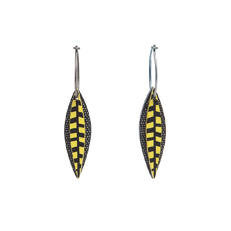 Ladies Earrings with Pink Tourmaline-Lene Lundberg K Form Chartreuse/Black Thick Veined Long Leaf Earrings