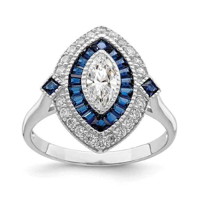 Ladies Rings for Artist Spark-Sterling Silver Created Blue Spinel And CZ Marquise Halo Ring