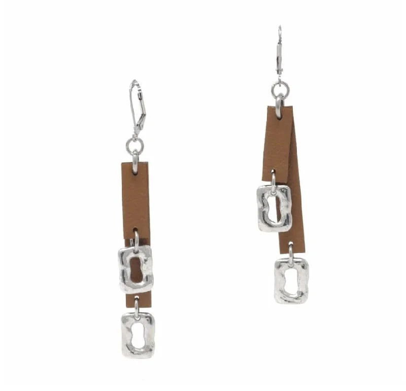 Ladies Earrings with White Thaumasite-Sobo Double Tan Leather and Small Ring Feature Earrings