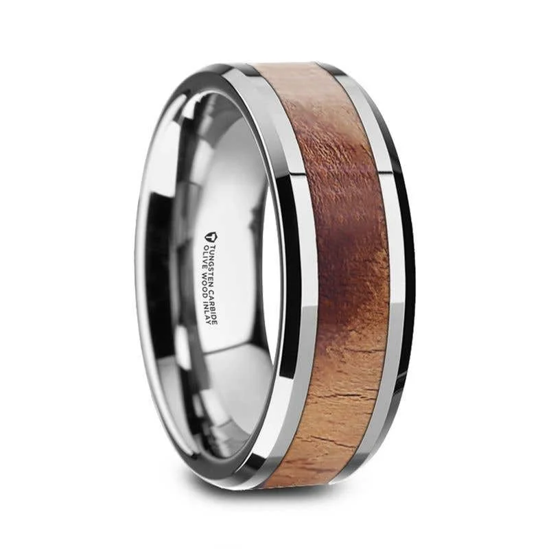 Ladies Rings with Coral Kornerupine-Thorsten OLLIVANDER Olive Wood Inlaid Tungsten Carbide Ring with Bevels - 6mm & 8mm