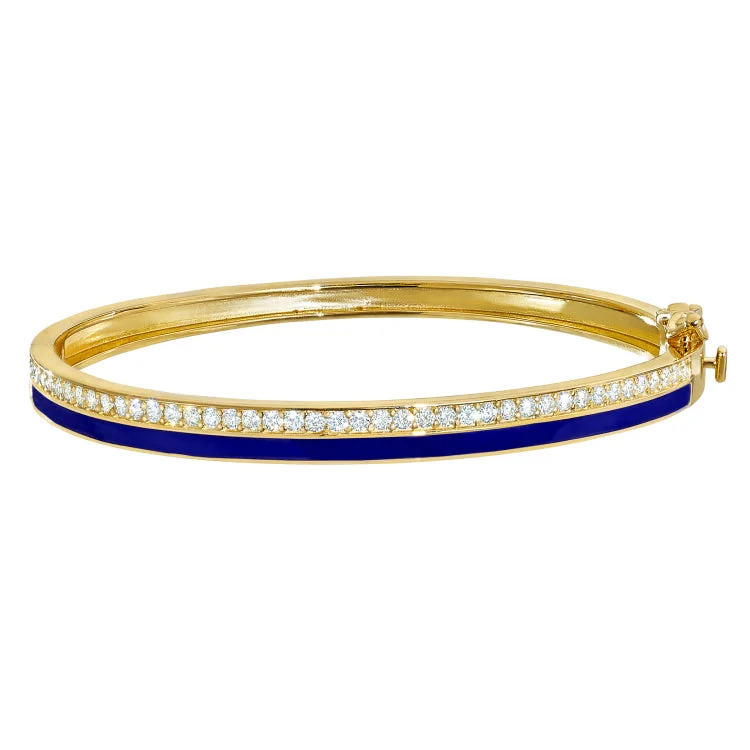 Ladies vibrant turquoise bracelets -Gold Vermeil Sterling Silver Micropave Hinged Bangle Bracelet with with Navy Enamel and Simulated Diamonds