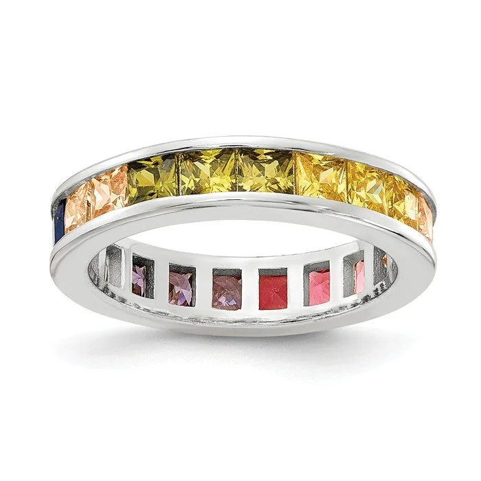 Ladies Rings with Wave Shine-Sterling Silver Multi Color Rainbow Princess Square Channel Set CZ Eternity Band Ring