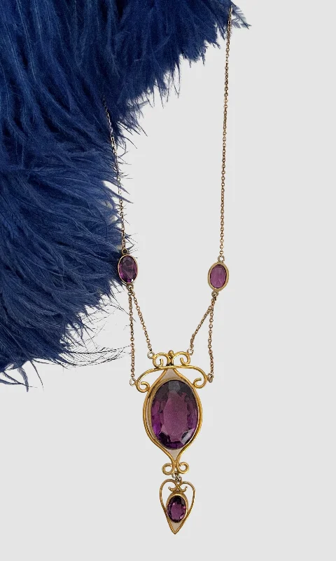 Engraved sentiment necklaces -LA BELLE EPOQUE Edwardian Gold Tone and Amethyst Lavaliere Necklace