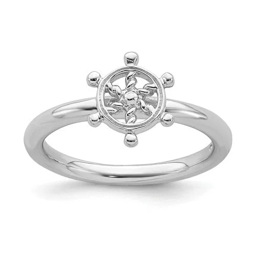 Ladies Rings with Crescent Glow-Sterling Silver Stackable Expressions Ship's Wheel Ring