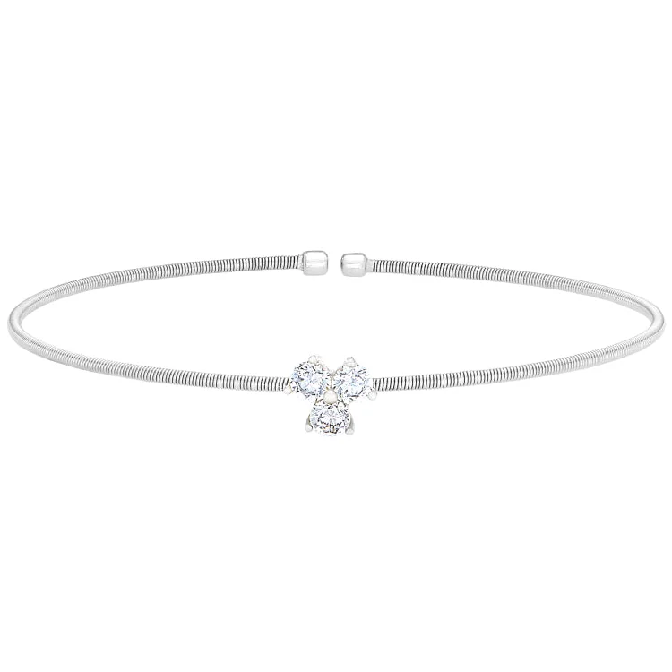 Ladies wanderlust journey bracelets -Rhodium Finish Sterling Silver Cable Cuff Bracelet with Three Round Simulated Diamonds