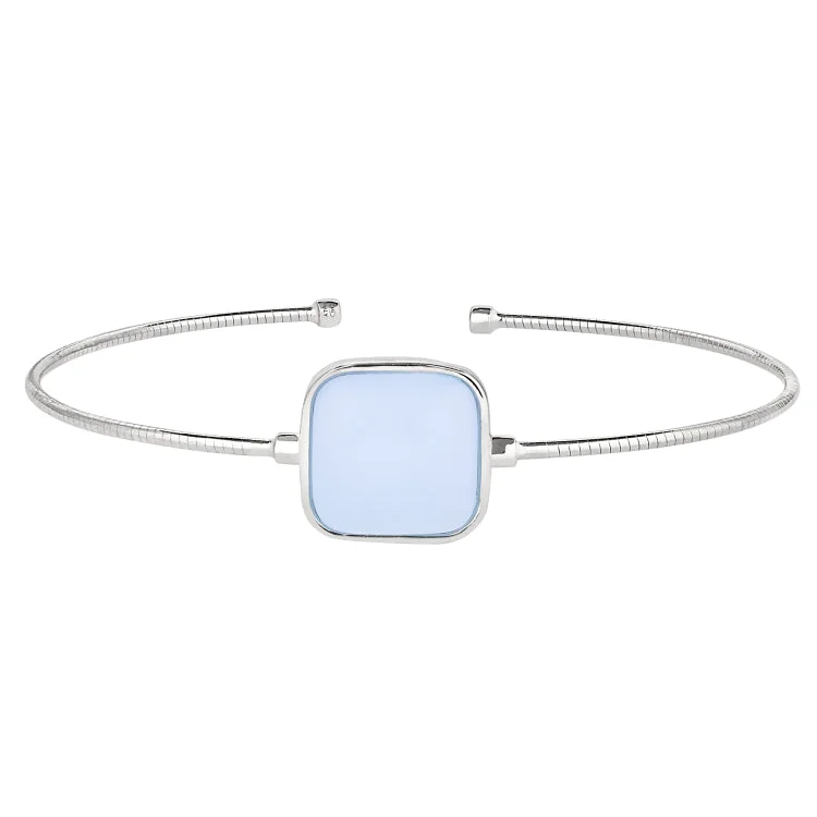 Ladies woodland whisper bracelets -Rhodium Finish Sterling Silver Rounded Omega Cable Cuff Bracelet with a Square Aqua Marine Murano Glass Stone