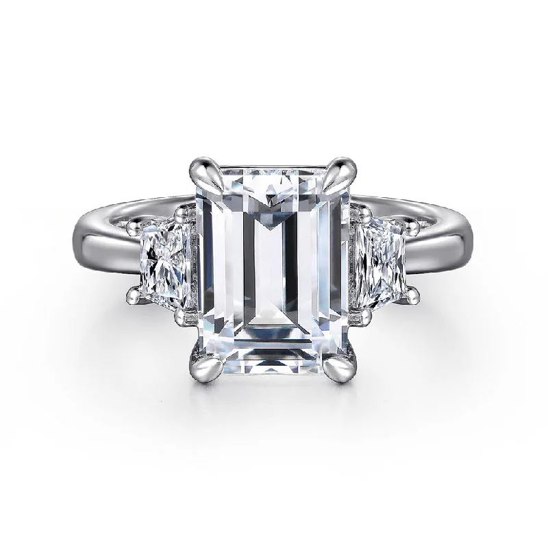 Ladies Engagement Rings with Herderite Glow-Gabriel & Co. 18K White Gold Emerald Cut Three Stone Diamond Engagement Ring