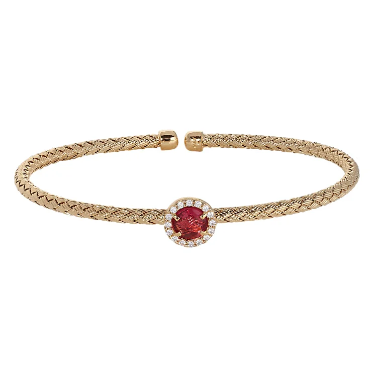 Ladies pristine white gold bracelets -Gold Finish Sterling Silver Basketweave Cable Cuff  Bracelet with a Round Pink Stone and Simulated Diamonds