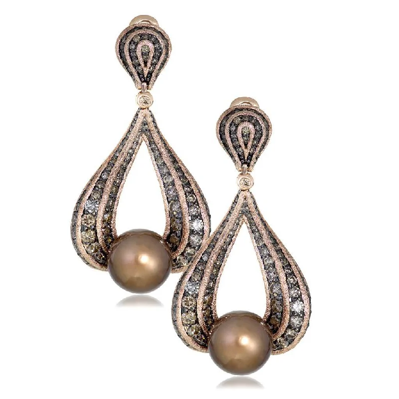 Ladies Earrings Bright Glow-Gold Twist Earrings With Chocolate Pearl & Diamonds