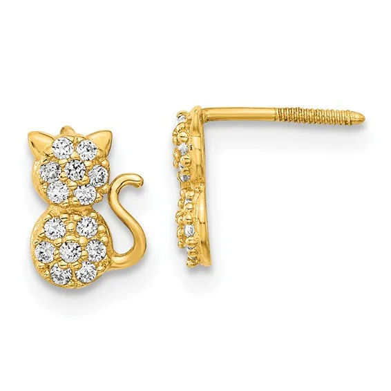 Ladies Earrings for Founder Spark-14k Yellow Gold Solid Madi K Youth CZ Sitting Cat Screwback Earrings