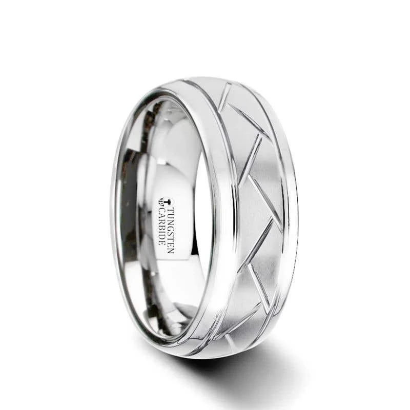 Ladies Rings with Lilac Iolite-Thorsten OCTAVIAN Domed Tungsten Carbide Ring with Crisscross Grooves and Brushed Finish - 8mm