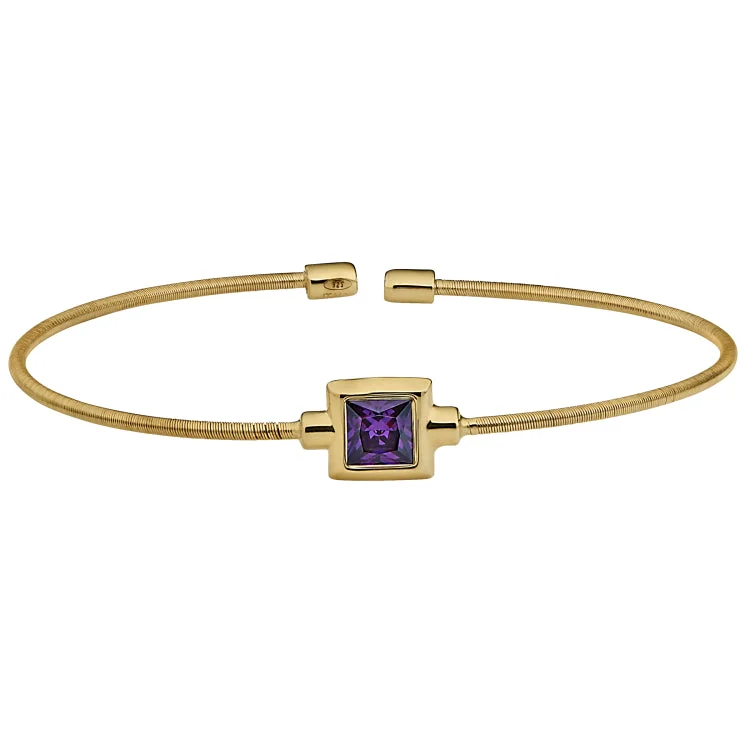 Ladies thick statement bracelets -Gold Finish Sterling Silver Cable Cuff Bracelet with Princess Cut Simulated Amethyst Birth Gem