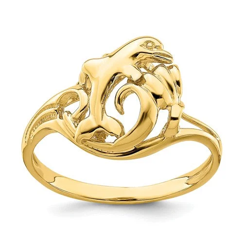 Ladies Rings with Silver Spark-14k Yellow Gold Dolphin Jumping In Wave Ring