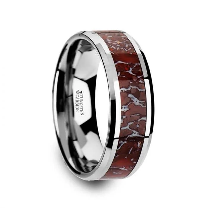 Ladies Rings with Blue Pectolite-Thorsten JURASSIC Red Dinosaur Bone Inlaid Tungsten Carbide Beveled Edged Ring - 4mm & 8mm