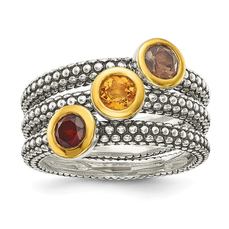 Ladies Rings for Nurse Spark-Sterling Silver Set of 3 Flash Gold Garnet, Citrine & Smoky Quartz Stackable Rings