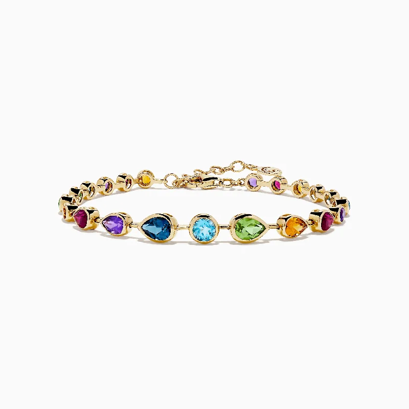 Ladies bar dangle bracelets -Mosaic 14K Yellow Gold Bezel Set Multi Gemstone Adjustable Tennis Bracelet 7.0 TCW