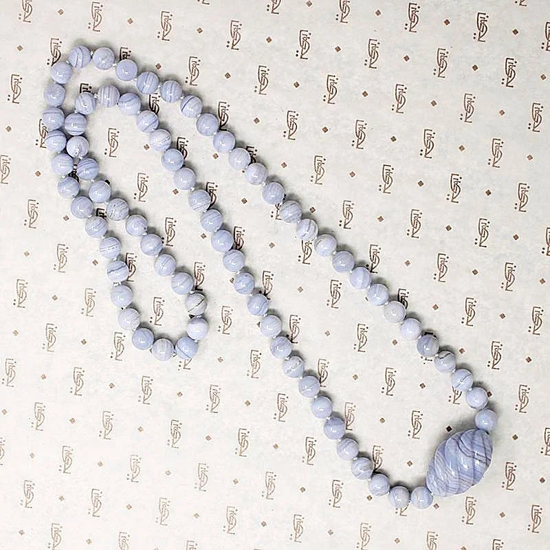 Painted flair necklaces -Blue Lace Agate Necklace with Delicate Carved Bead