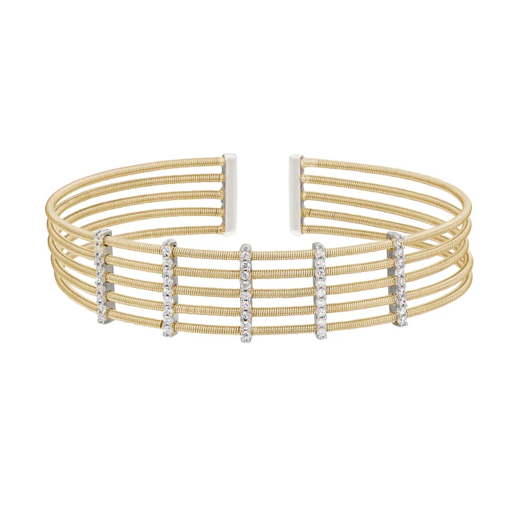 Ladies loving embrace bracelets -Gold Finish Sterling Silver Multi Cable Cuff Bracelet with Rhodium Finish Simulated Diamond Vertical Bars