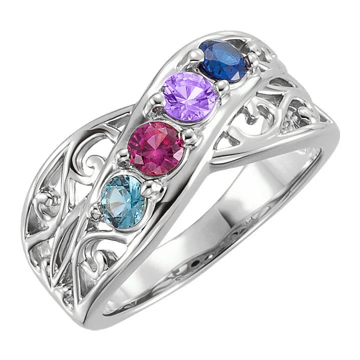 Ladies Rings with Etched Shine-Filigree Lined 4mm Stone Mother's Family Birthstone Ring