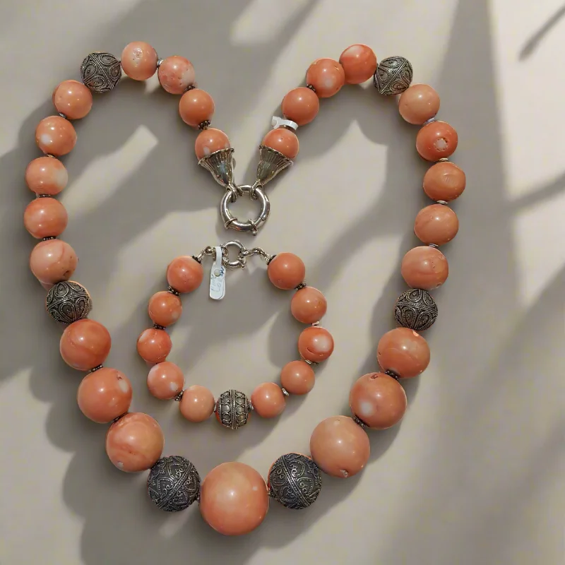 Trendy vibe necklaces -Necklace with Pink Coral Stones (Angel Skin) and Silver Elements