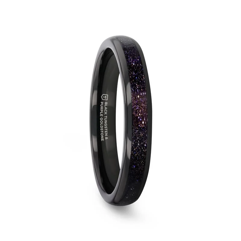 Ladies Rings Oval Shine-Thorsten ASTRUM Black Tungsten with Crushed Blue and Purple Goldstone Inlay 4mm Ring