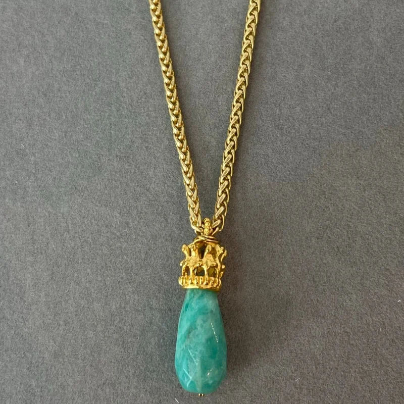 Energy pulse necklaces -Necklace - Vermeil Crown on Amazonite Hangs on Wheat Chain