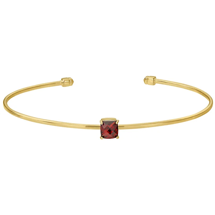 Ladies key motif bracelets -Gold Finish Sterling Silver Pliable Cuff Bracelet with Faceted Cushion Cut Simulated Garnet Birth Gem - January