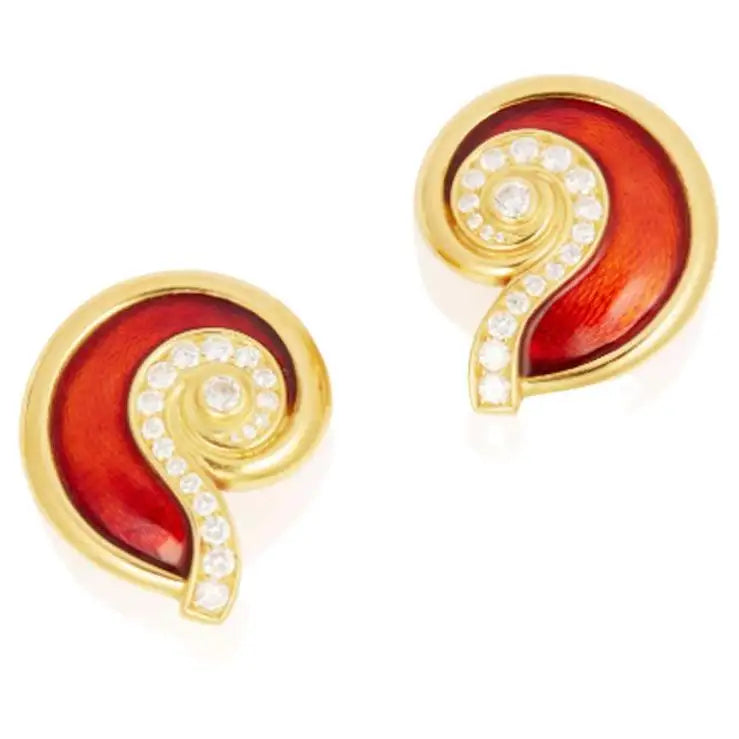 Ladies Earrings for Special Spark-Leo De Vroomen Diamond and Guilloché Red Enamel Earrings in 18k