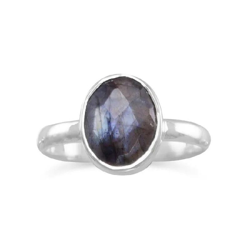 Ladies Rings for Date Spark-Sterling Silver Labradorite Bezel Set Oval Faceted Stackable Ring