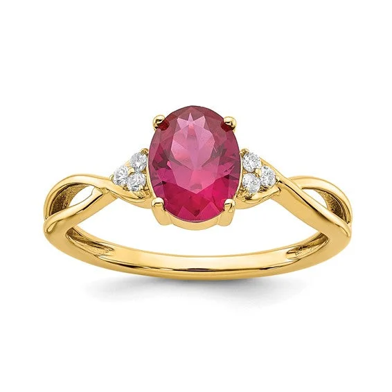 14k Yellow Gold Oval Created Ruby and Diamond Ring