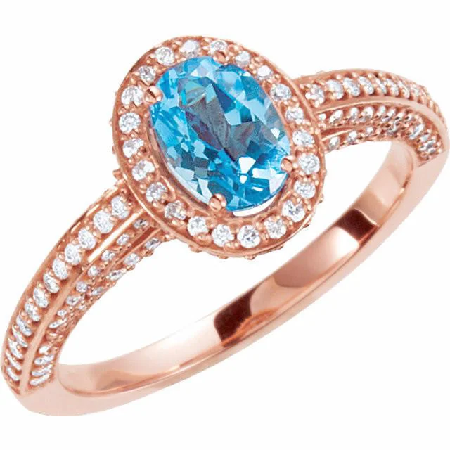 Ladies Engagement Rings with Clinozoisite Glow-14k Rose Gold Swiss Blue Topaz Oval & Diamond Halo Engagement Ring