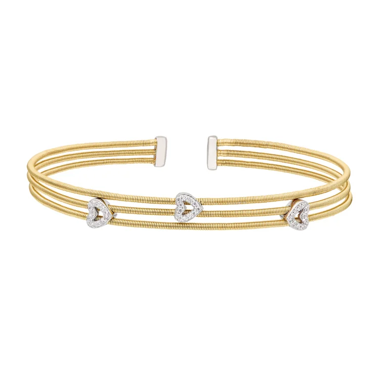 Ladies harmonious blend bracelets -Gold Finish Sterling Silver Three Cable Cuff Bracelet with Rhodium Finish Simulated Diamond Open Hearts