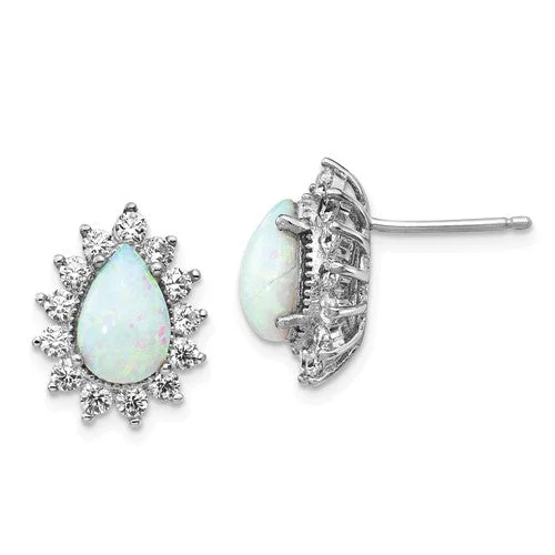 Ladies Earrings with Green Rosasite-Cheryl M Sterling Silver CZ Pear Opal Halo Post Earrings