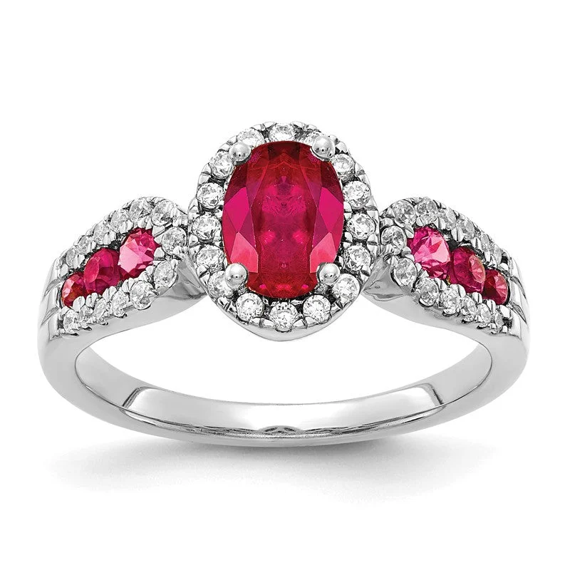 Ladies Rings for Friend Glow-14K White Gold Oval Genuine Ruby And Channel Set Diamond Halo Ring